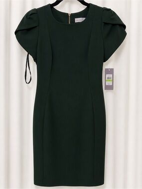 Dark Green Puff-Sleeve Midi Sheath Dress